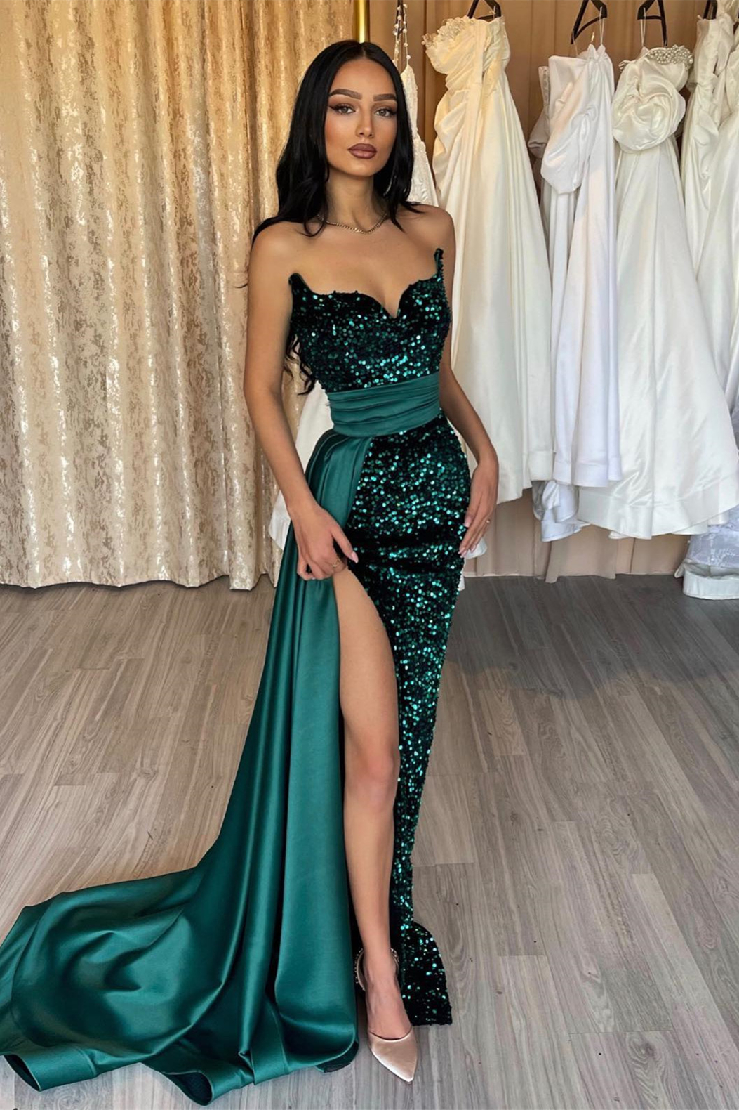 Bellasprom Emerald Green Sweetheart Evening Gown Sequins Mermaid With Slit Bellasprom
