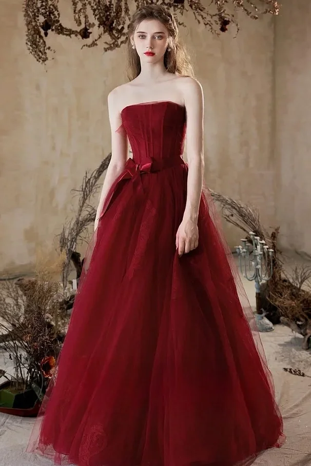 Daisda Red Sleeveless Strapless Square Bow-Tie A-Line Prom Dress