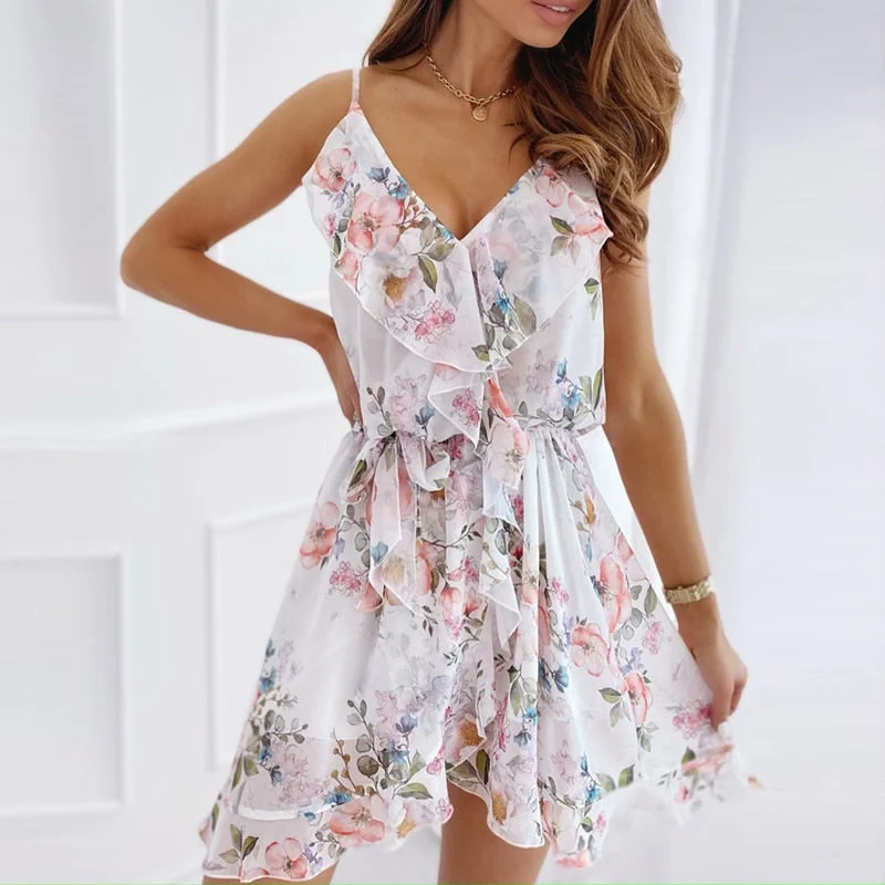 Graduation Gifts  Women's V Neck Floral Print Chiffon Dress Sleeveless Spaghetti Strap Cascading Ruffles Mini Dresses Female Vestidos Summer 2022