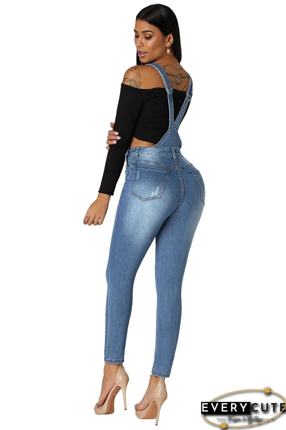 Medium Blue Wash Distressed Denim Overall