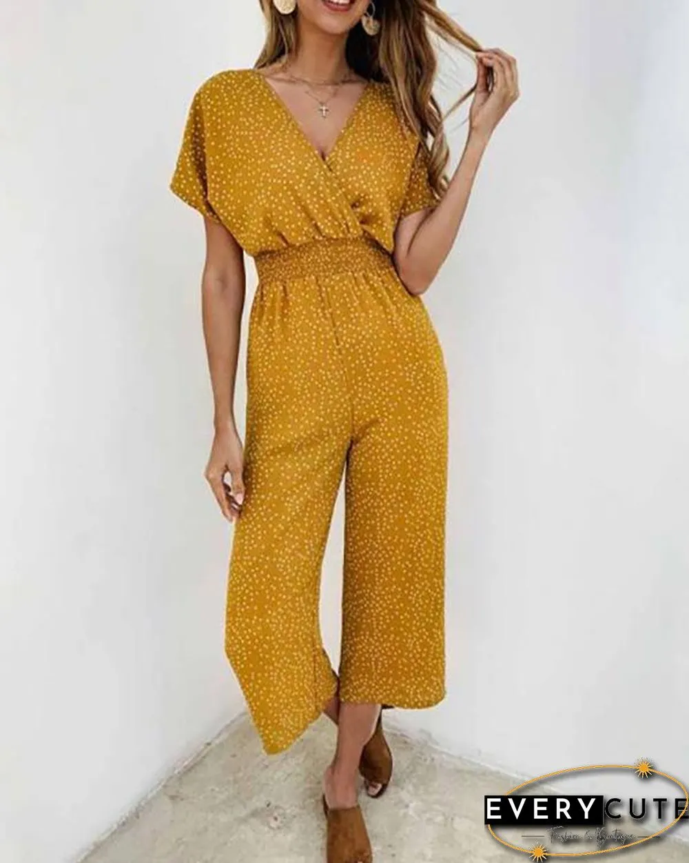 Polka Dot Printed V-neck Pocket Jumpsuit