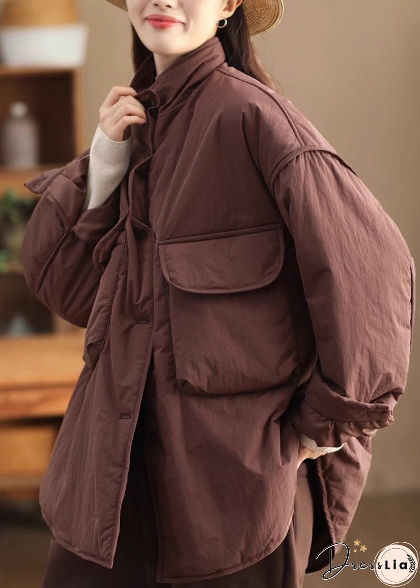 Stylish Loose Mulberry Stand Collar Pockets Fine Cotton Filled Jacket Winter