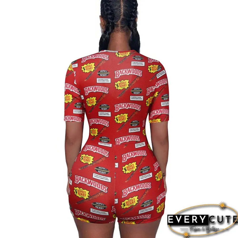Red Printed V Neck Bodycon Romper