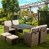 9 Pieces Patio Dining Set Outdoor Space Saving Wicker Rattan Chairs with Glass Table Patio Furniture Set with Ottoman and Cushions,Dust Cover