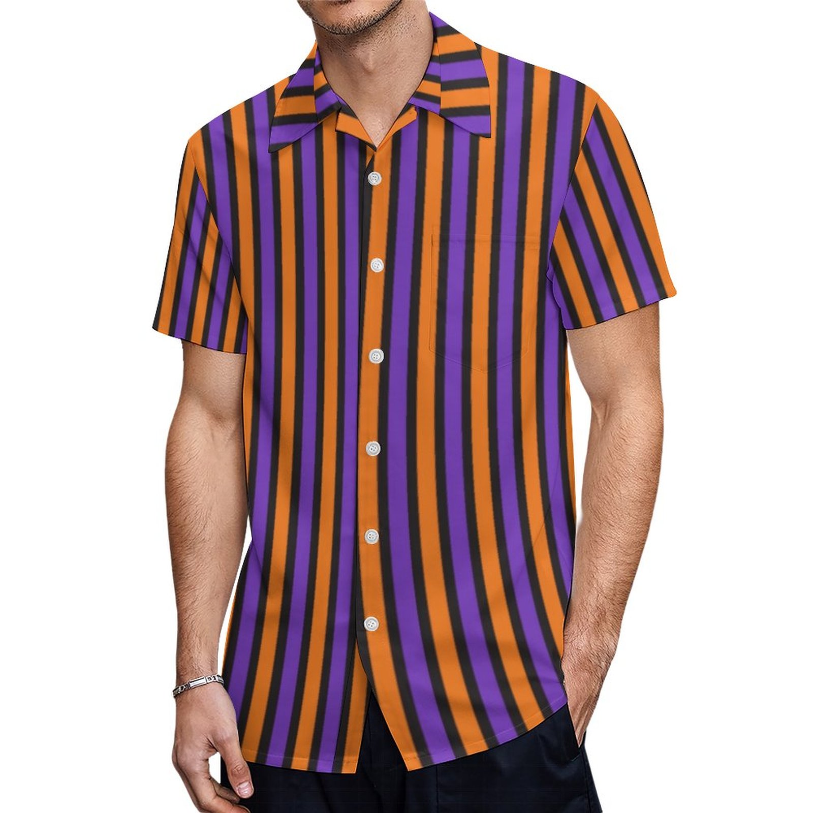 Purple Orange Black Striped Halloween Hawaiian Shirt Mens Button Down Plus Size Tropical Hawaii Beach Shirts