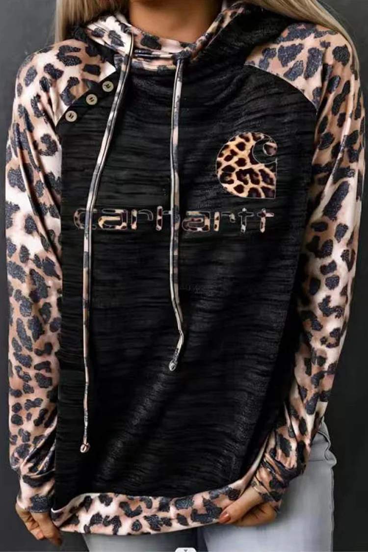 Casual Leopard Patchwork Buttons Hooded Collar Tops socialshop
