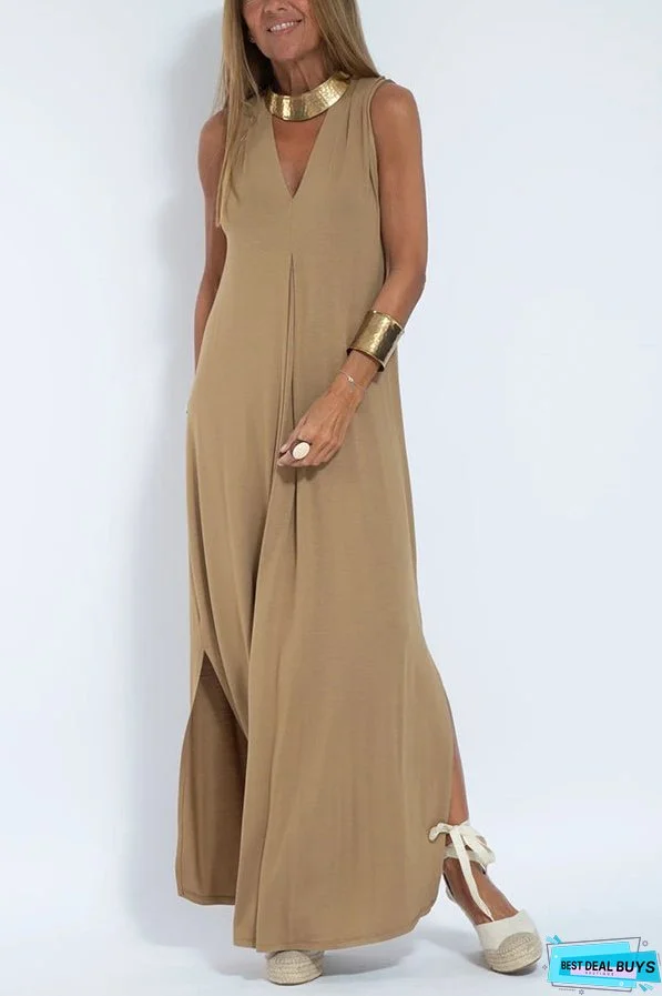Elegant Is Eternal Knit Solid Color Sleeveless Slit Maxi Dress