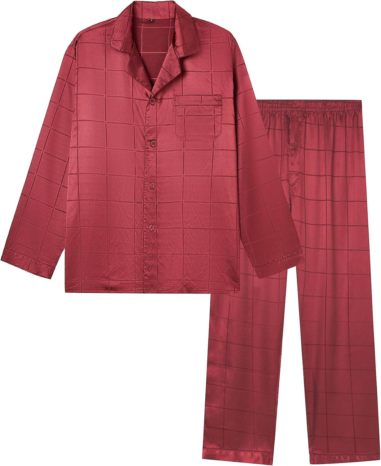 Jupitersecret Men's Silk Pajamas Set Long Sleeve Button-Down Sleepwear With Pockets，Red