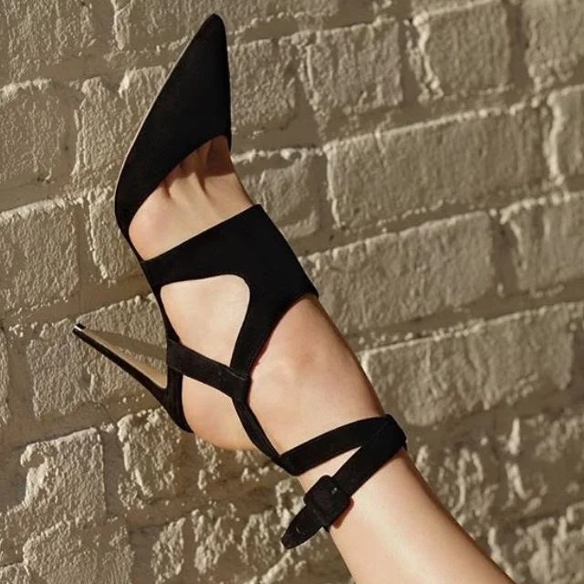 Sexy Cutout Black Suede Stiletto Heel Sandals Vdcoo