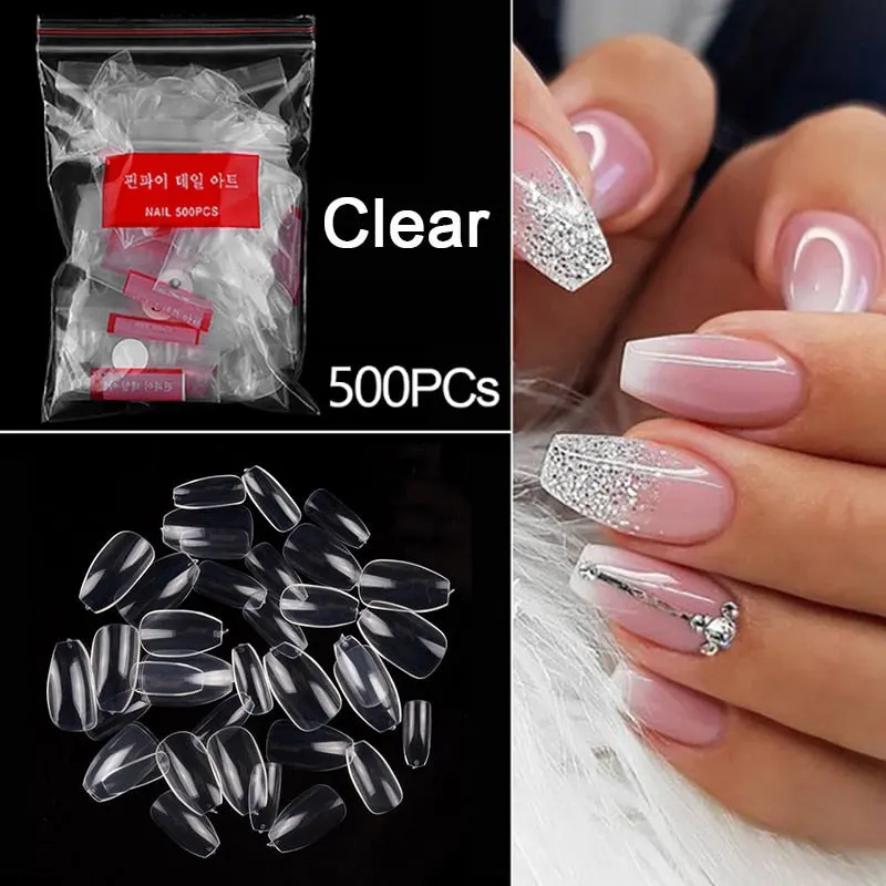 500pcs/pack Short Coffin Nails Clear Natural White Ballerina Nails Full False Nail Tips Salon DIY Acrylic Fake Nail Art 10 Size-Nail Inspo