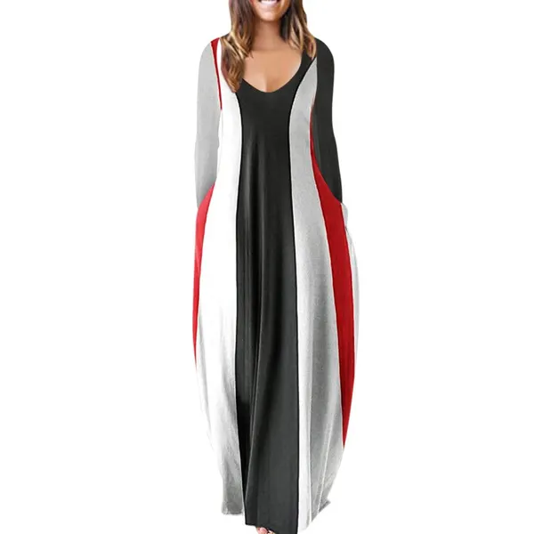 Womens Loose Pocket Boho Vintage Hole Dress Full Long Sleeper Spring Party Beach Maxi Big