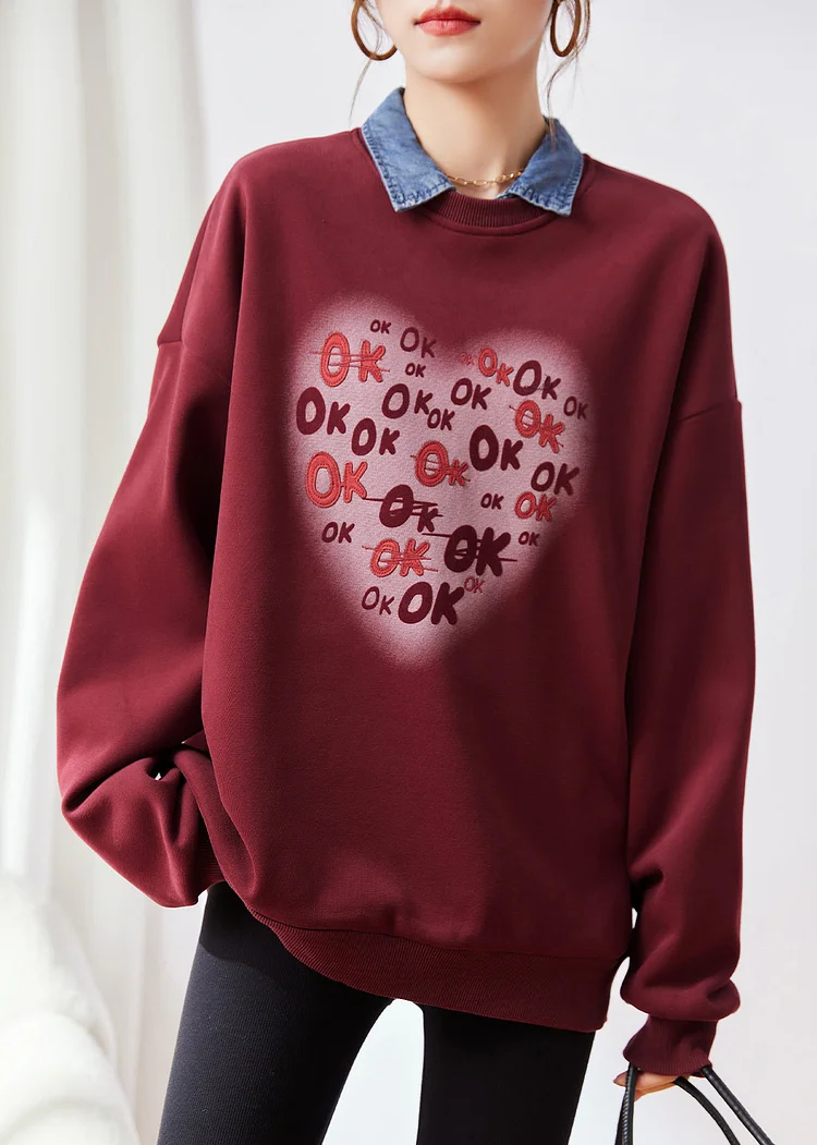 DIY Mulberry O Neck Print Warm Fleece Loose Sweatshirts Top Fall