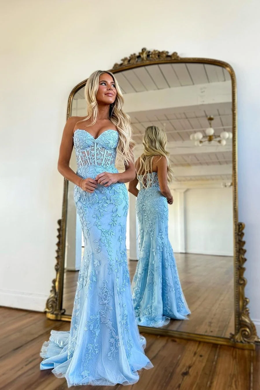 Lisliy Baby Blue Prom Dress Ball Gown With Mermaid Appliques 
