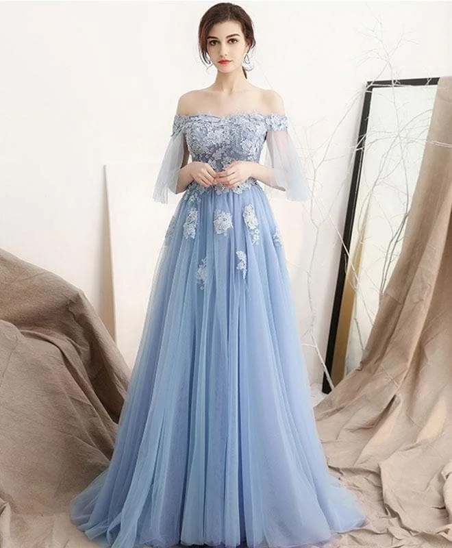 Unique Blue Off Shoulder Tulle Long Prom Dress, Blue Evening Dress