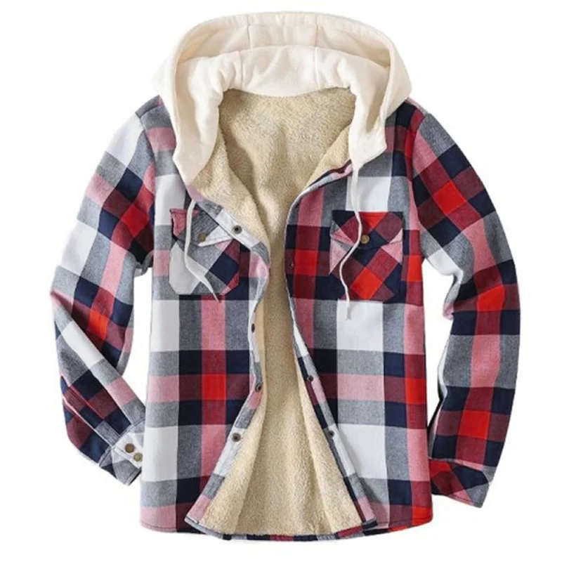 Men's Plaid Versatile Loose Warm Hooded Men's Jacket