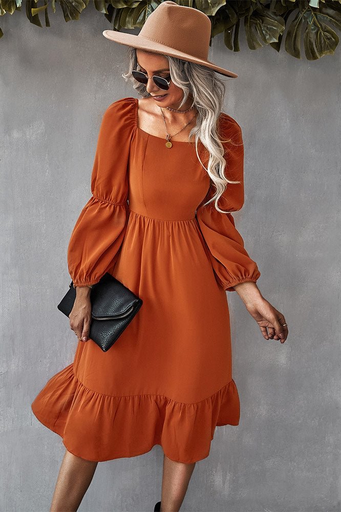 Solid Color A-line Casual Vacation Long Sleeve Dress - BlackFridayBuys