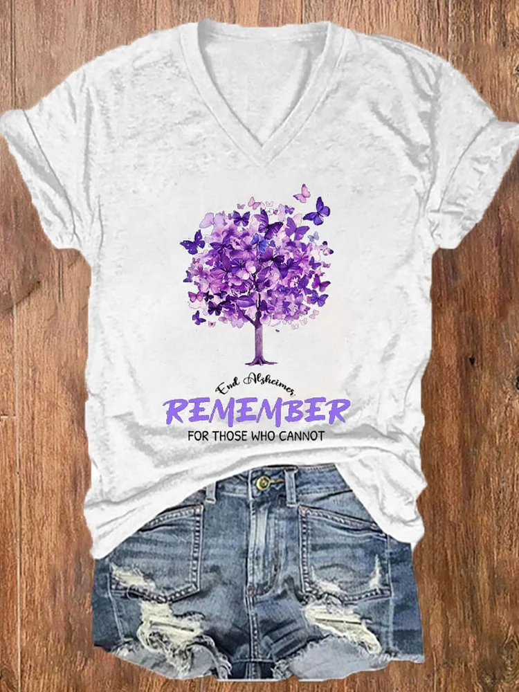 Women's Remember For Those Who Cannot Dementia Alzheimer's Disease Awareness Printed V-neck T-shirt socialshop
