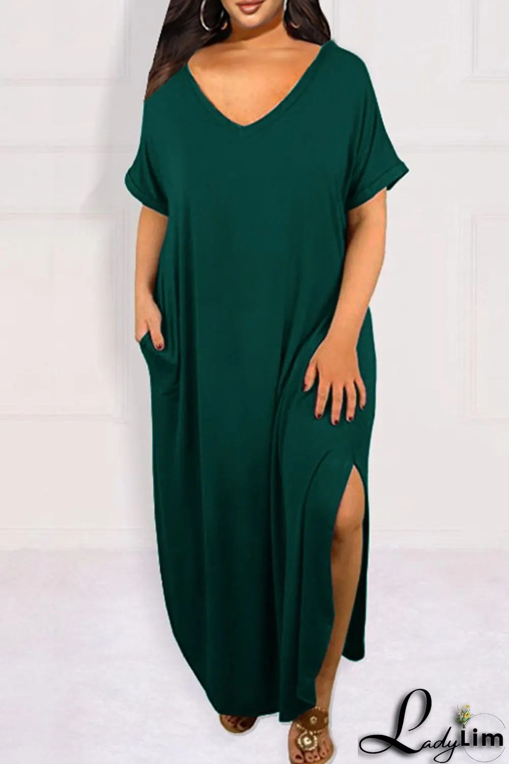 Blue Casual Solid Patchwork Slit V Neck T-shirt Dress Plus Size Dresses