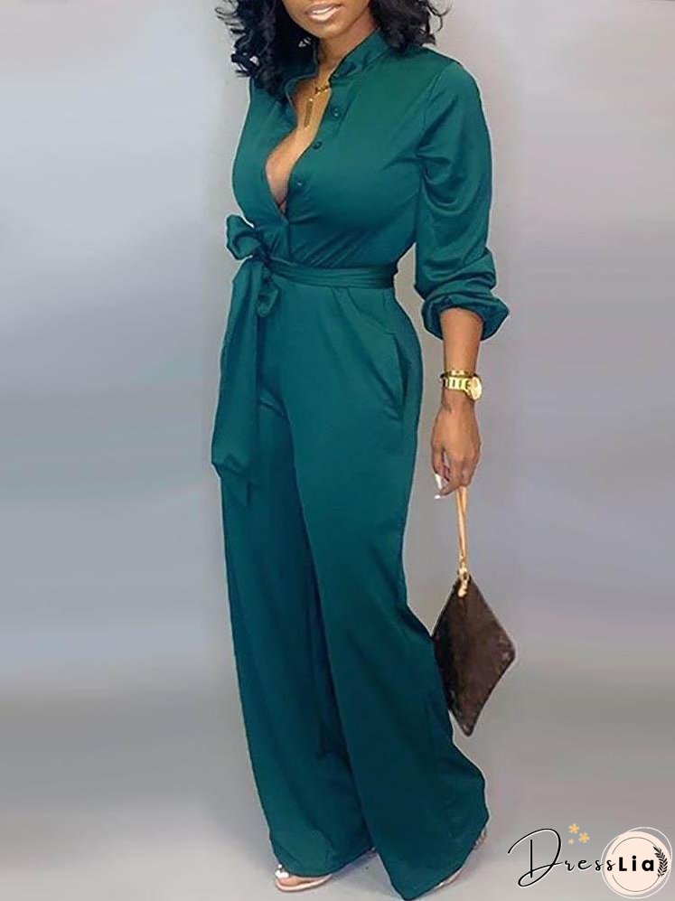 Solid Buttoned Pocket Casual Jumpsuit for Women