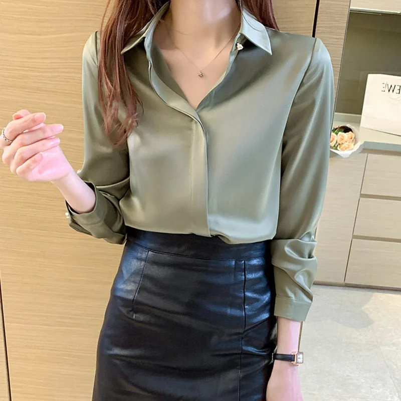 Office Lady Solid Silk Shirt Blouse Tops Long Sleeve Shirts Blouses for Women Silk Shirts Women Satin Clothing Plus Size 17276