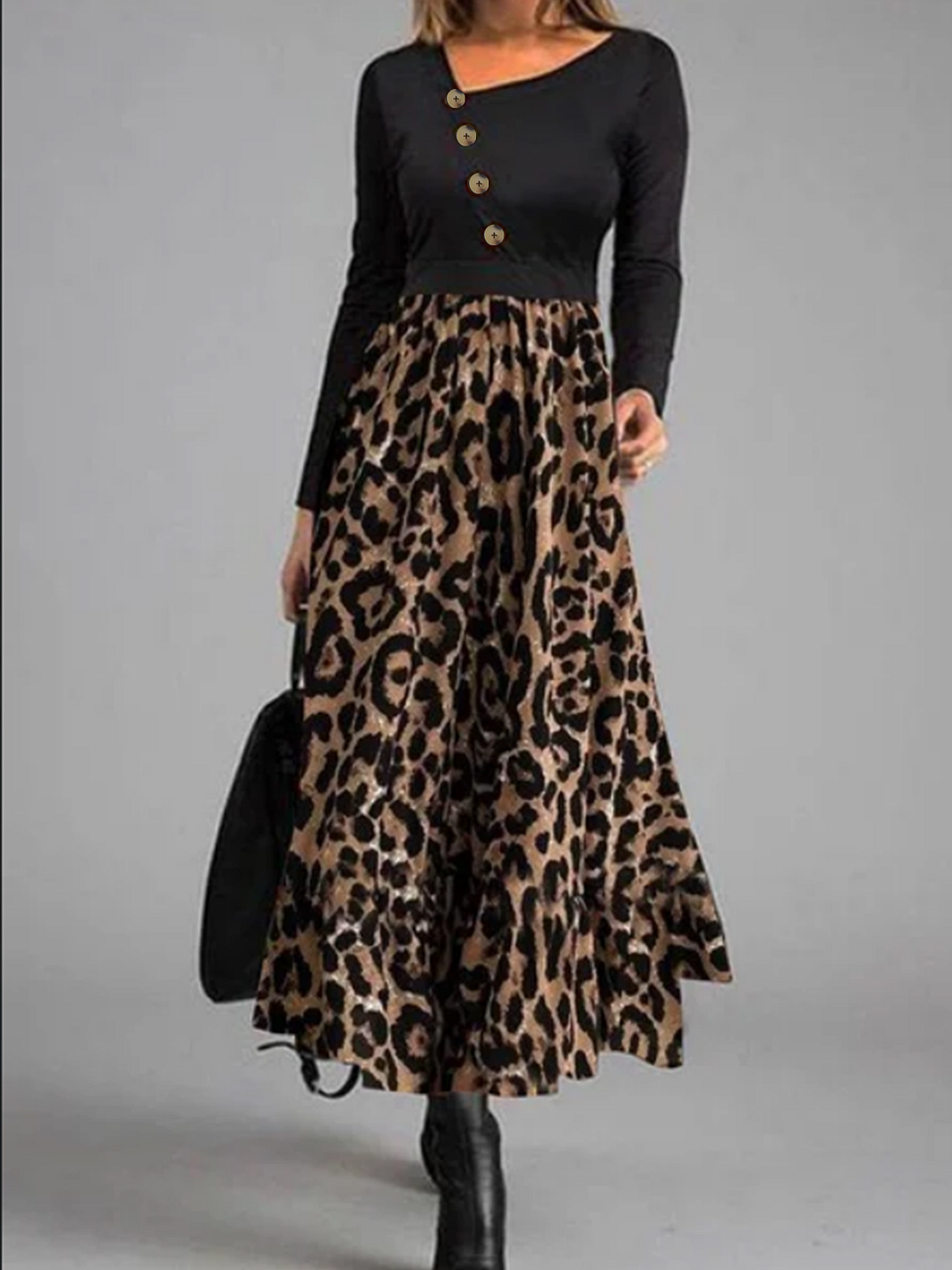 Long sleeve high elastic plain color patterned Leopard Print Long Dress shopify LILYELF