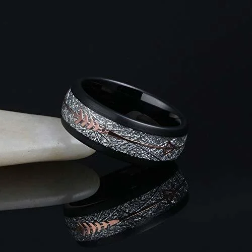 6MM 8MM Women's Or Men's Tungsten Carbide Wedding Matching Rings Black Tone with Rose Gold Cupid's Arrow over Inspired Meteorite Inlay Domed Top