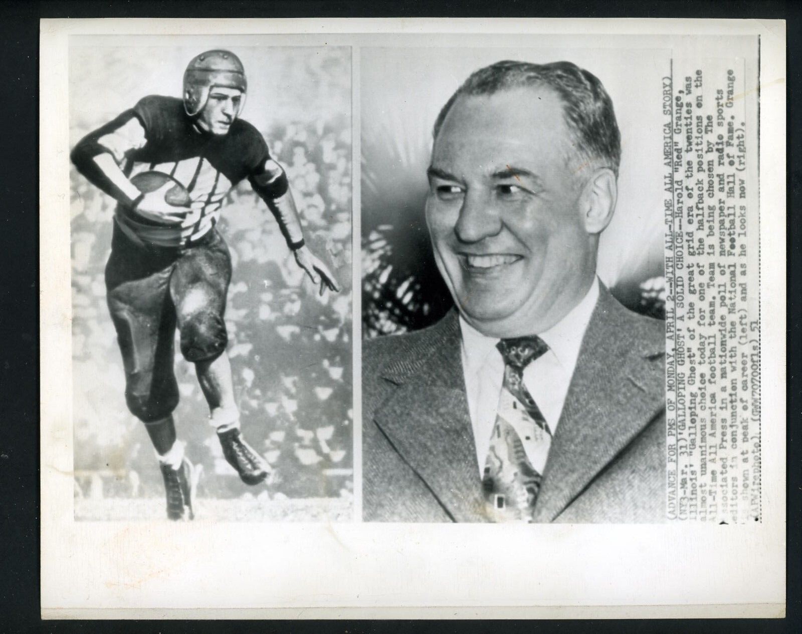 Red Grange chosen to All-Time All America Team 1951 Press Photo Poster painting Chicago Bears