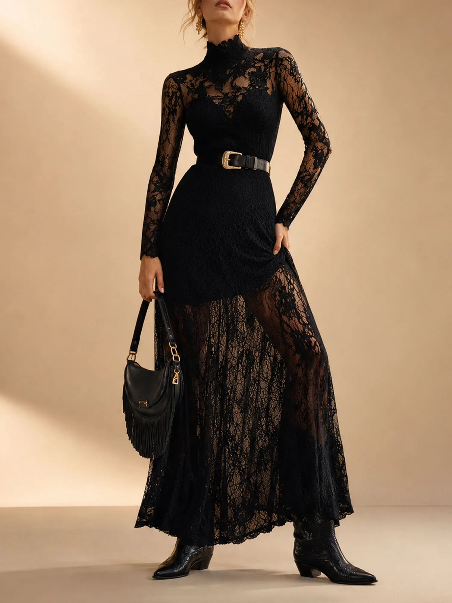 Essential for Modern Dark Western Looks &mdash; Deep Black, Hollow-Out Lace Texture, Slim-Fit French Cut, 2026 Spring/Autumn Women&rsquo;s Fashion Sheer Maxi  Dress