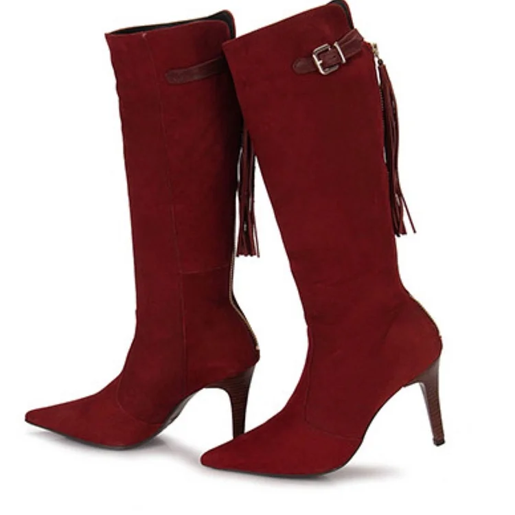 Maroon Vegan Suede Pointy Toe Fringes Stiletto Boots Fashion Mid Calf Boots |FSJ Shoes