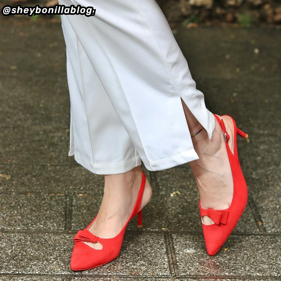 60mm Women's Pointed Toe Kitten Heels Bow-Knot Slingback Pumps Red Bottom Suede Sandals-MERUMOTE