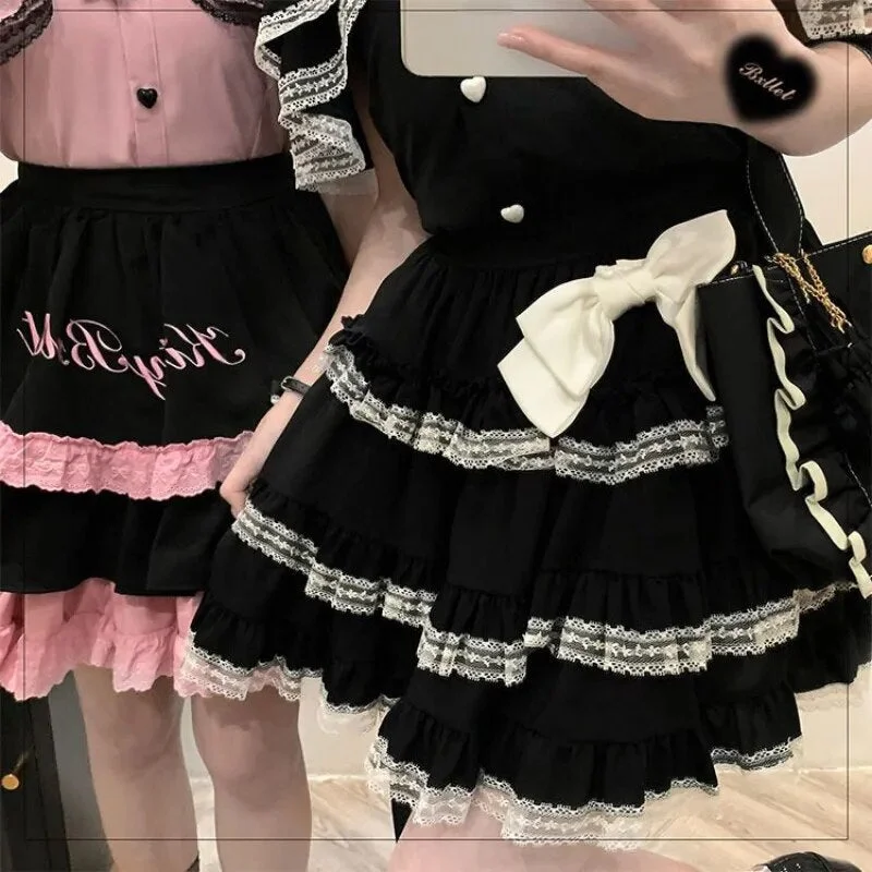 Nncharge Women Black Harajuku Kawaii Y2k Mini Skirts Bow Above Knee Lolita Summer Japan Style Lace Patchwork High Waist Cake Skirt