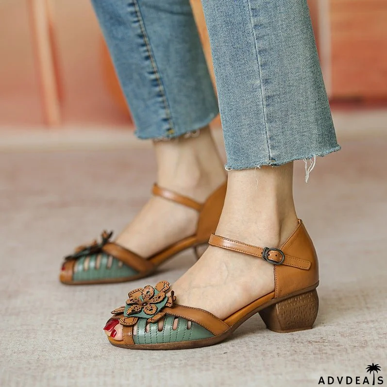 Summer Retro Color Matching Leather Wedge Sandals