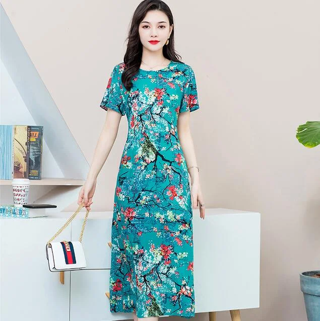 Women Summer Dress Plus Size 5XL Loose Middle-aged Mother Casual Short Sleeve Long Dress O-Neck Floral Print Cotton Dresses