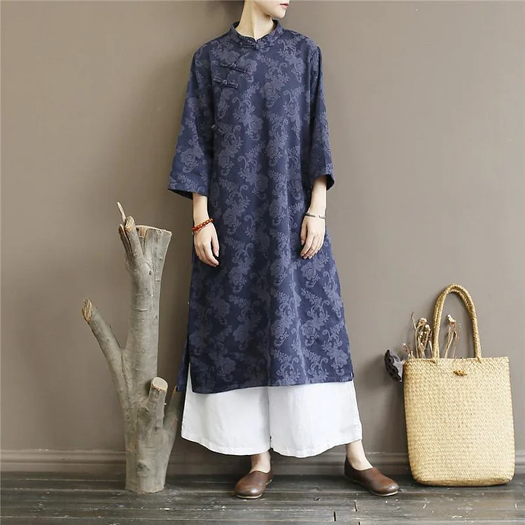 Classy side open cotton stand collar Tunic Work Outfits blue jacquard long Dresses