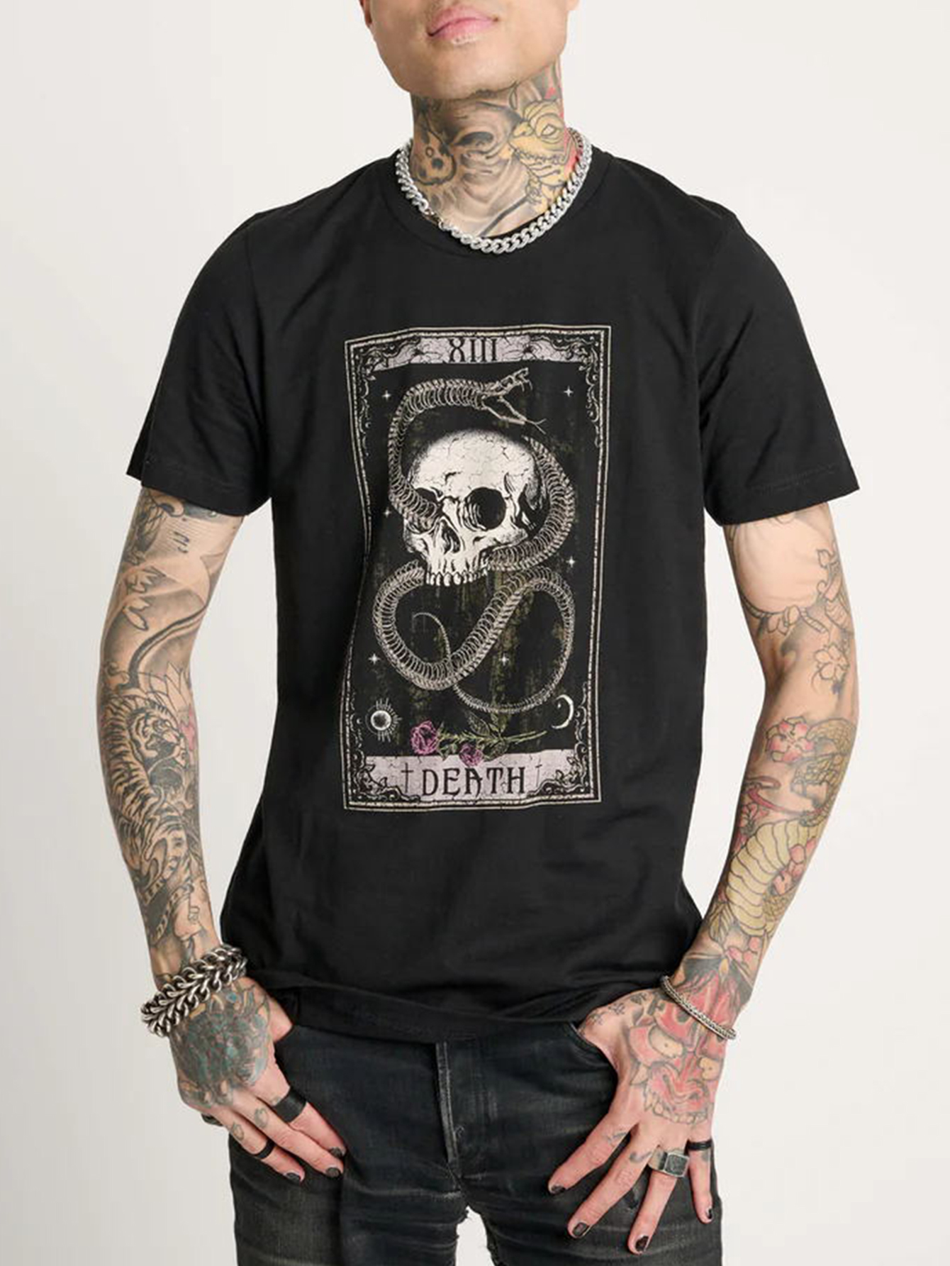 Unisex Snake And Skull Death Tarot Card Print Casual T-Shirt / TECHWEAR CLUB / Techwear
