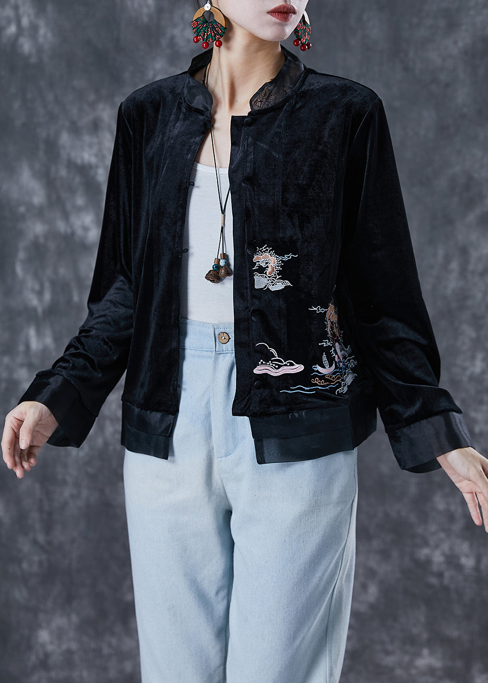 VCSHOES Black Embroidered Patchwork Silk Velour Jacket Fall