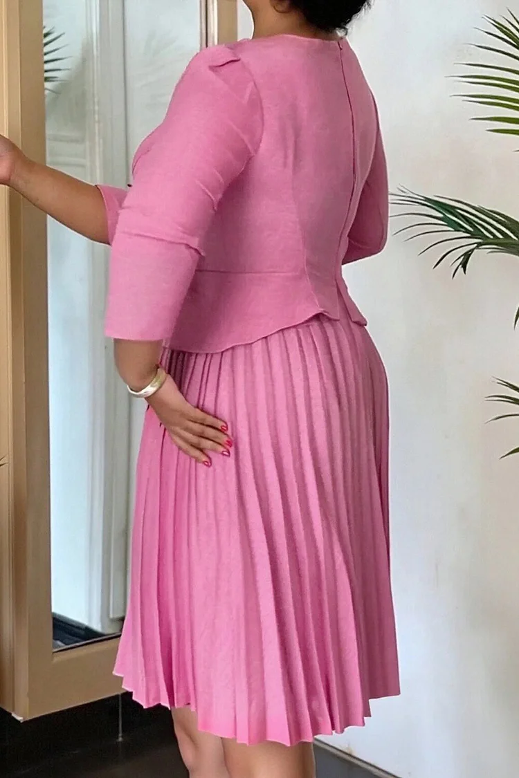 Plus Size Business Casual Pink Round Neck 3/4 Sleeve Pleated Elegant Two Piece Skirt Sets