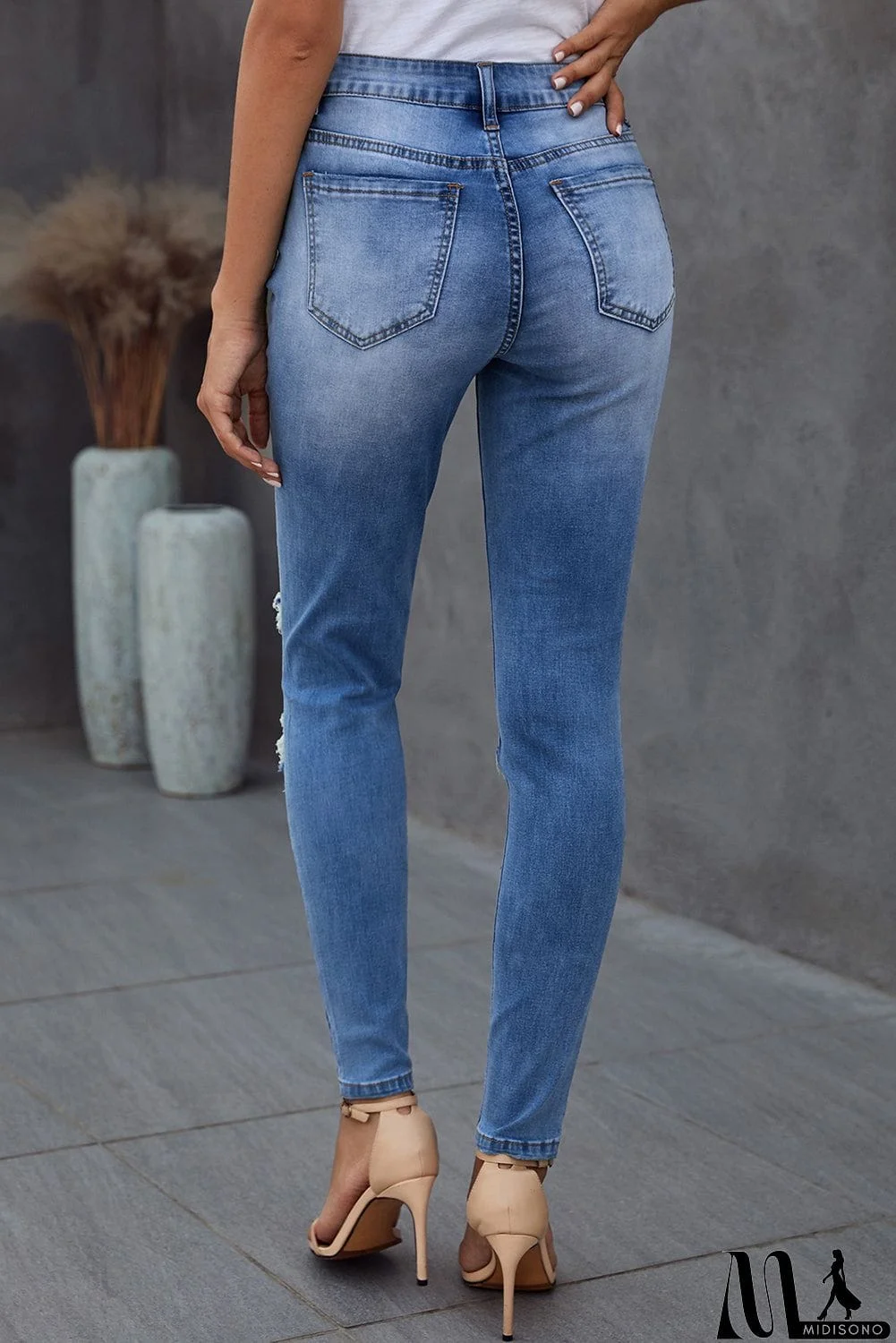 MidiSono - Medium Wash Distressed Halloween Pumpkin Face Patches Skinny Jeans