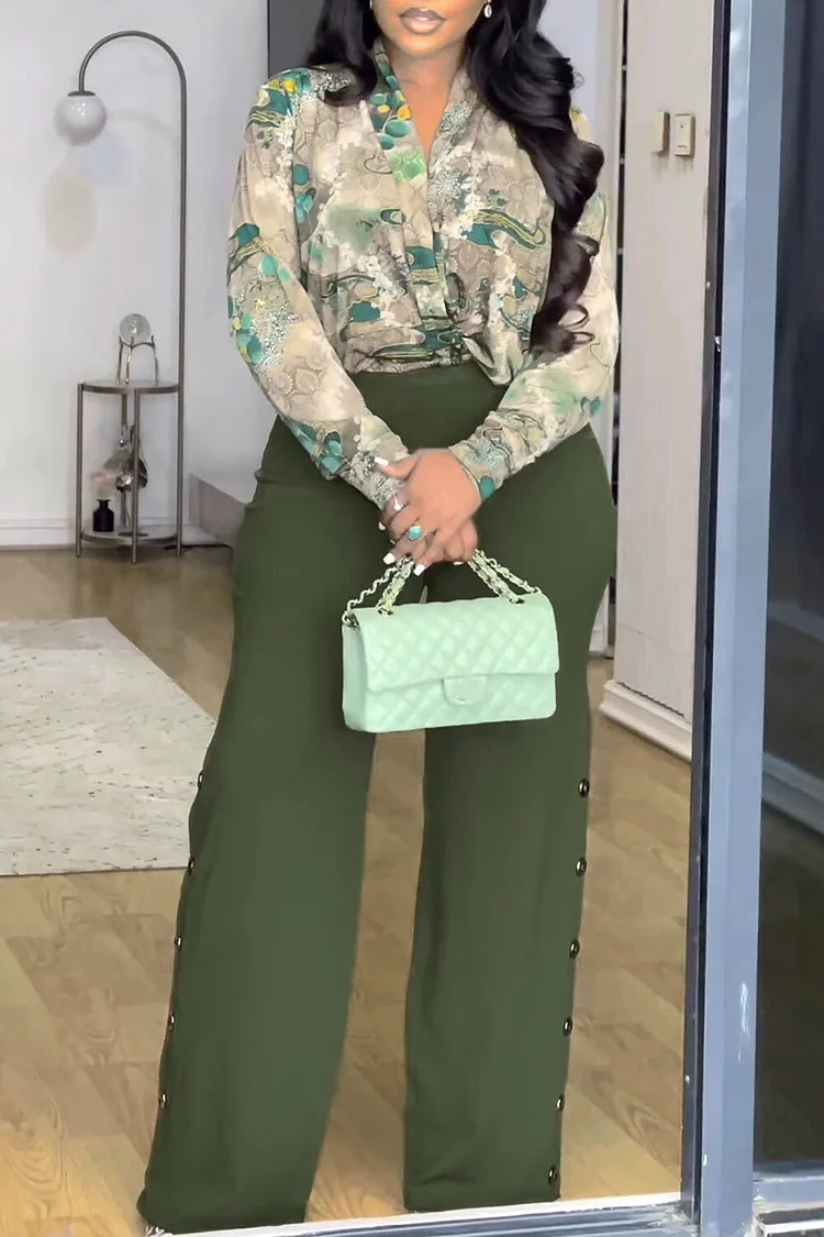 Graphic Print Long Sleeve Blouse Button Up Wide Leg Pants 2pcs Set-Green
