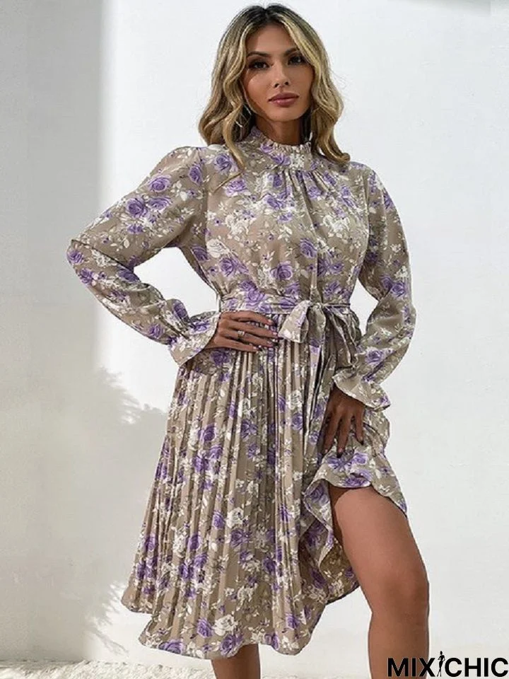 Flare Sleeve Floral High Neck Temperament Waist Dress