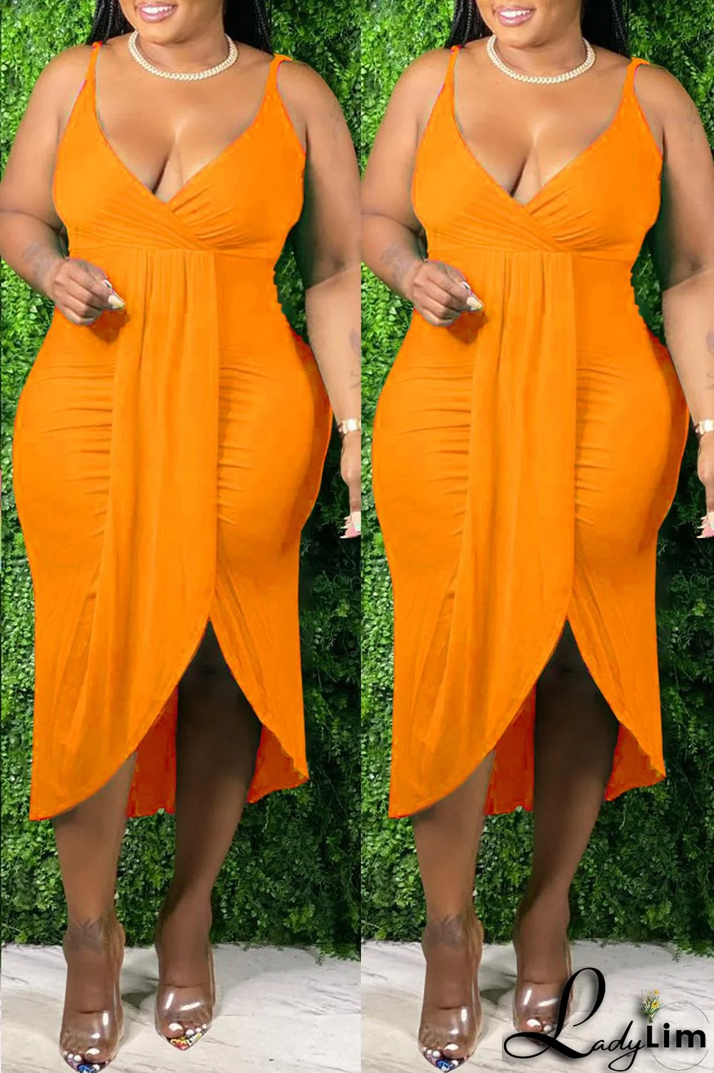 Black Fashion Sexy Plus Size Solid Patchwork V Neck Sling Dress