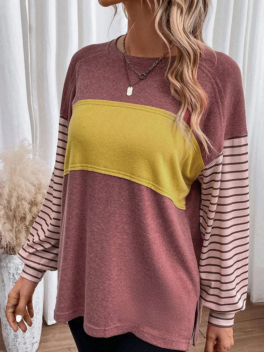 Women's Vintage Boho Round Neck Block Striped Color Hippie T- Shirt Tees