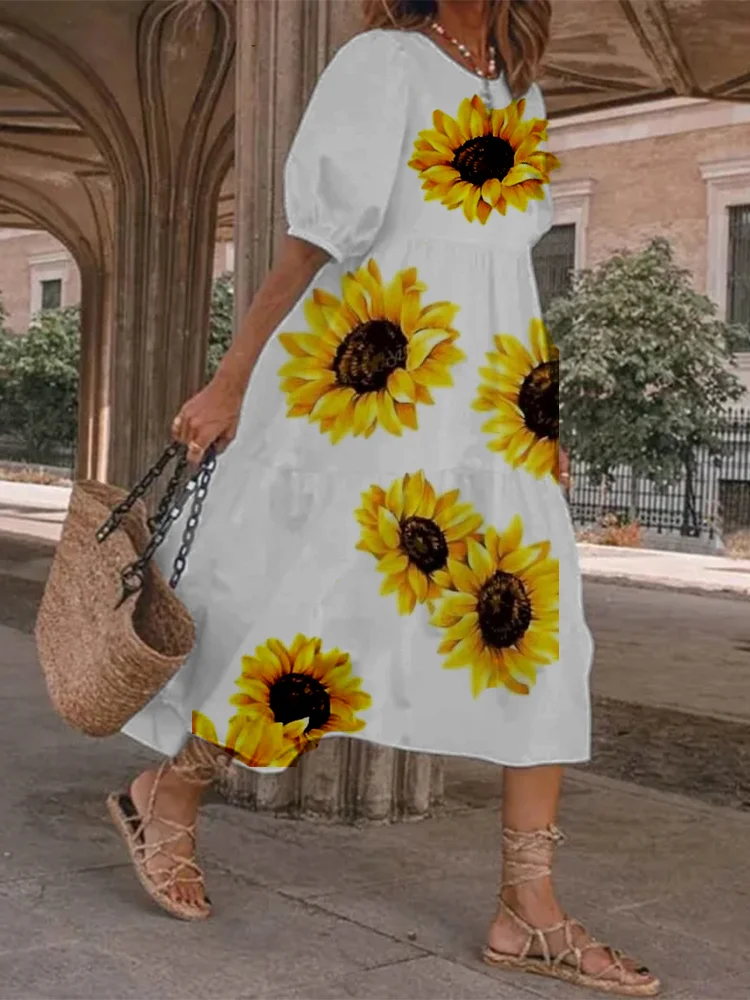 Sunflower Print Ruffle Hem Stylish Dress socialshop