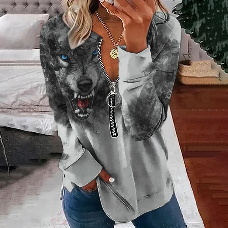 Western Wolf Printed Zip Up Sweatshirt