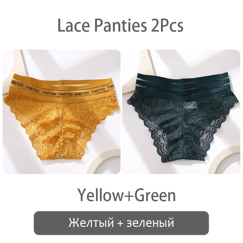 FINETOO 2Pcs Lace Panties Women Sexy Transparent Briefs Low Waist Floral Underwear Fashion Ladies Underpants L-2XL Girl Lingerie
