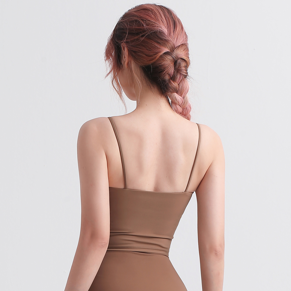 Buy Deep Khaki different colors and types of open back thin straps lycra camisole sports bra vest with removable pads on Hergymclothing