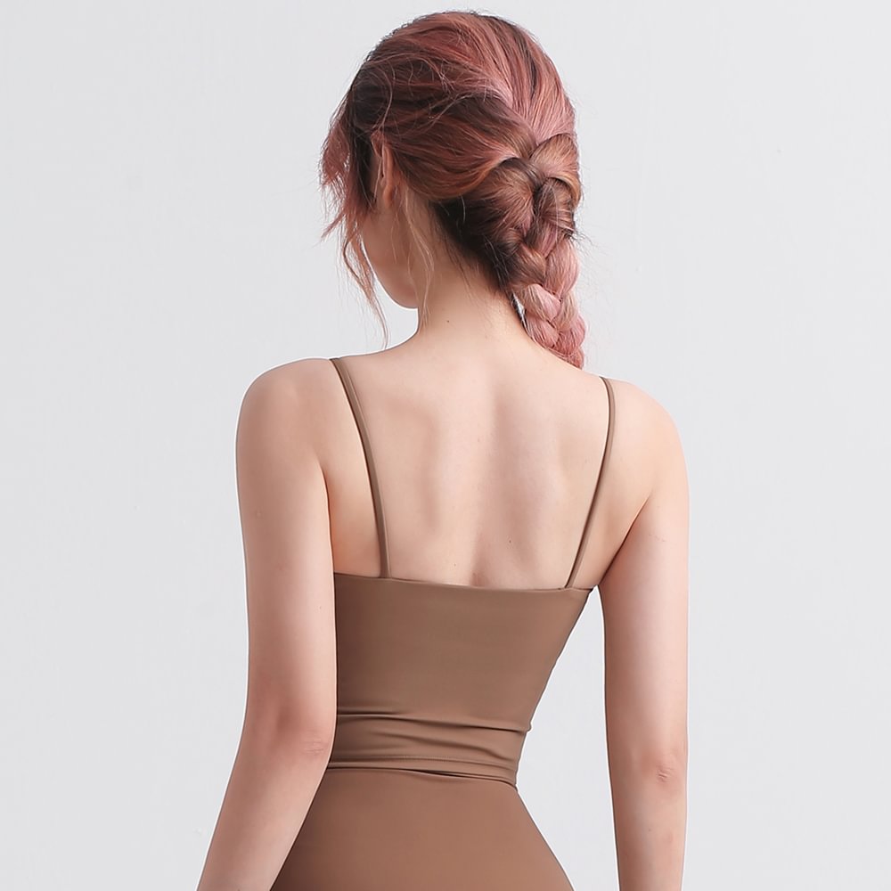 Buy Deep Khaki different colors and types of open back thin straps lycra camisole sports bra vest with removable pads on Hergymclothing