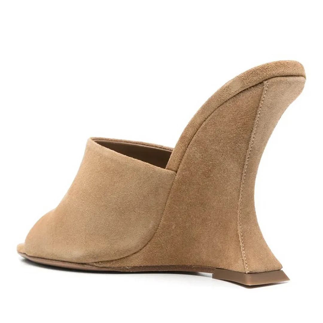 Women's Khaki Open Round Toe Wedge High Heel Slip On Mules Shoes