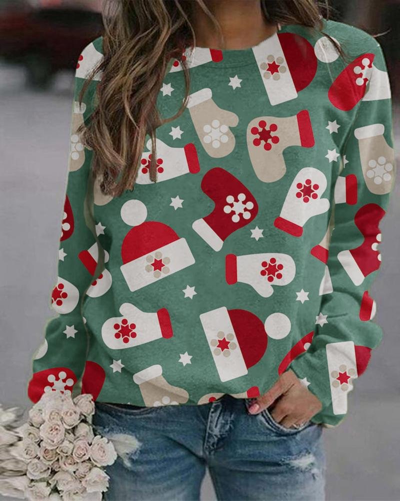 Christmas Print V-neck Long Sleeve Tee