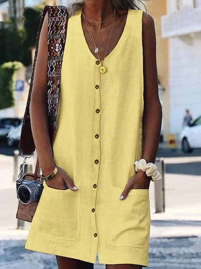 Women's Fashion Simple Cotton Linen V-Neck Pocket Sleeveless Cardigan Dress-mysite